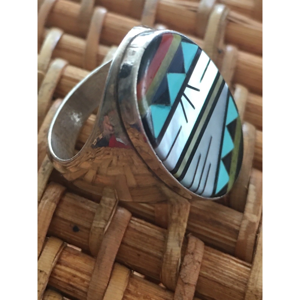 Vintage Zuni turquoise mother of pearl Inlay Ring By AL Zuni large 10